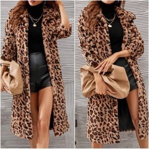 Luxe Leopard Print Vegan Fur Long Jacket Coat S M L XL